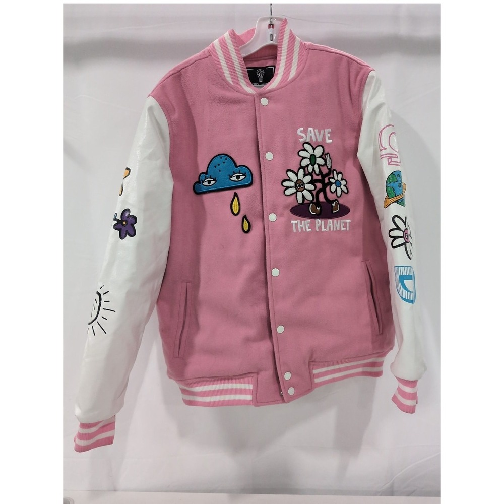Rebel Minds Heavenly Varsity Jacket Pink Save The Planet Graphic Patch Large